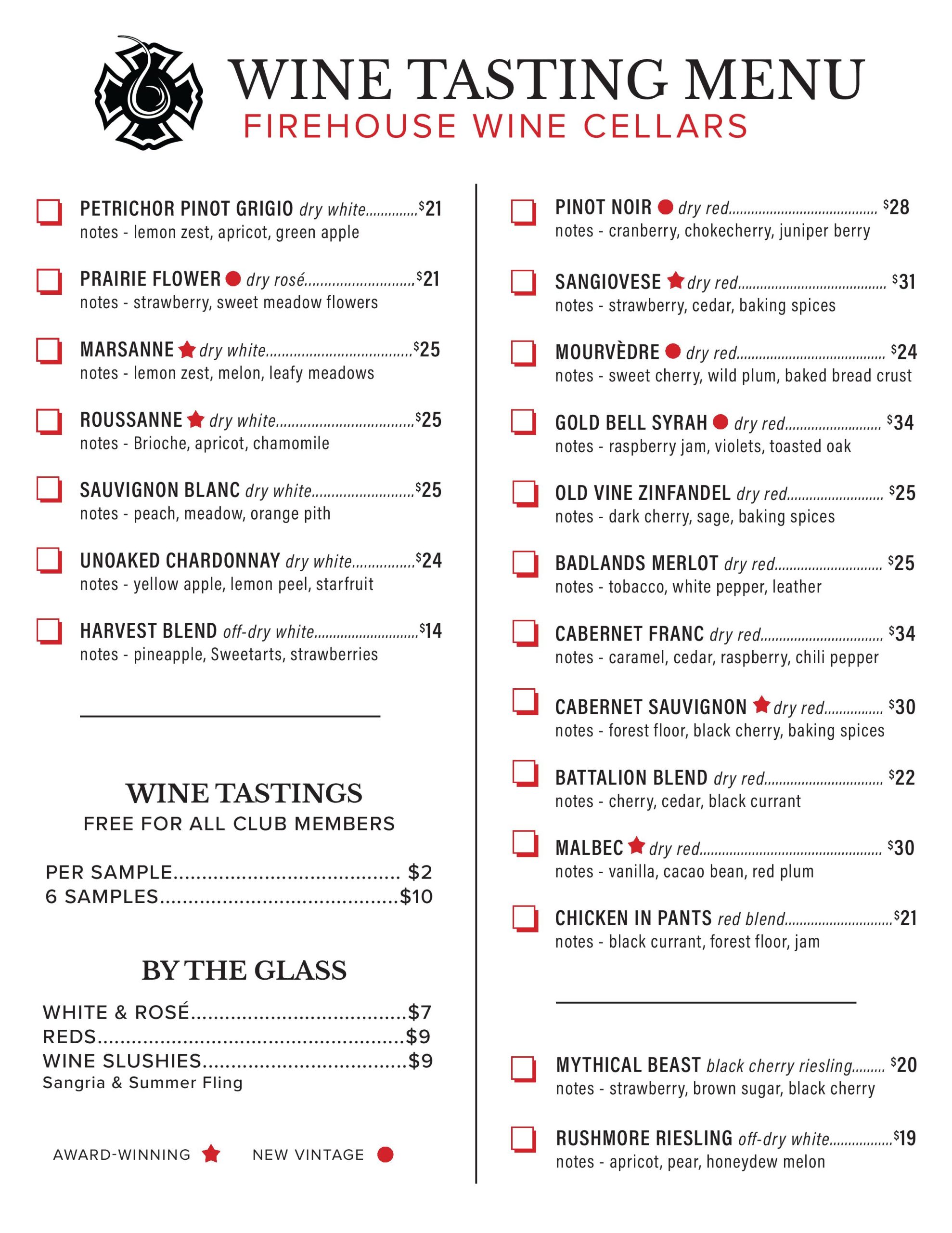 Firehouse Wine Cellars Wine Menu Page 1 June 2024