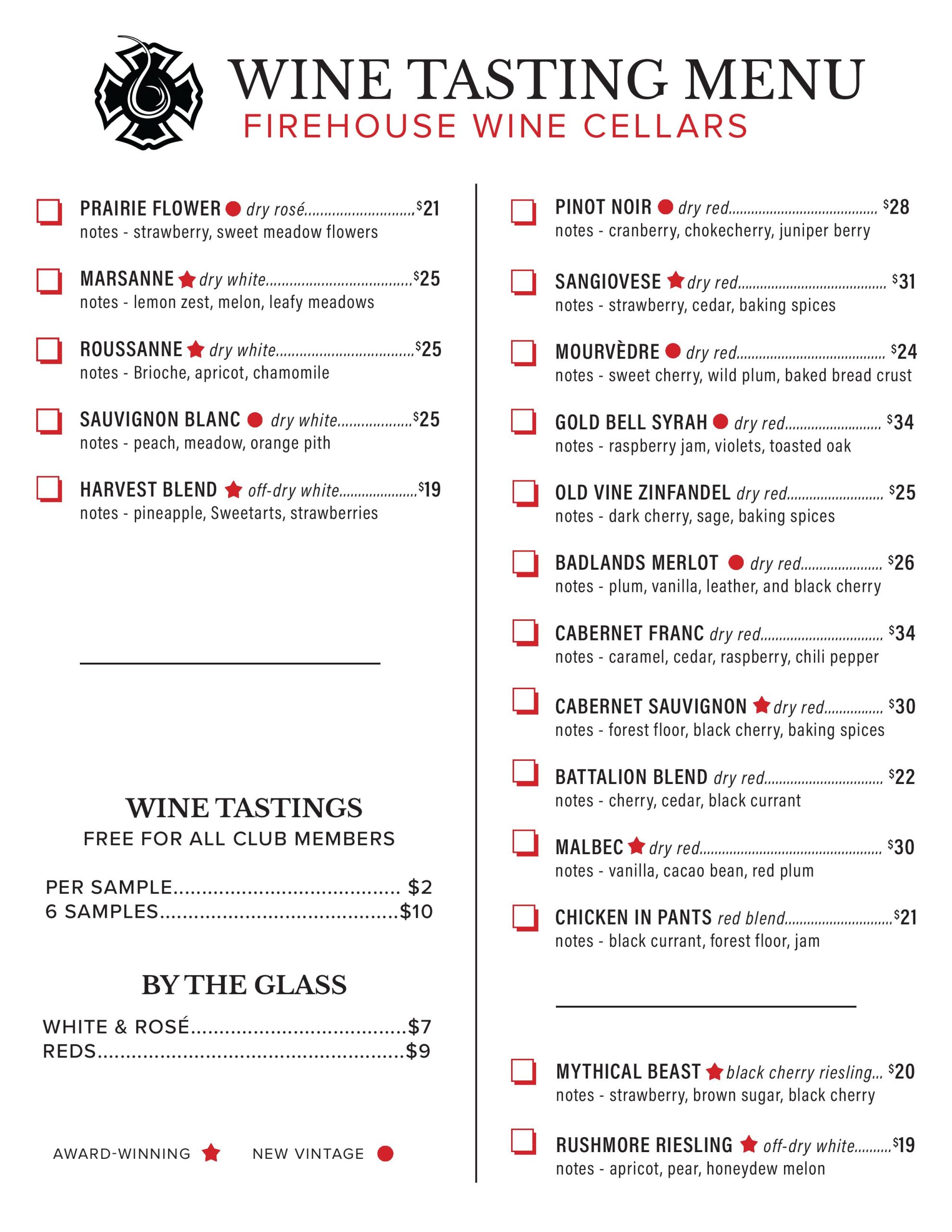 Firehouse Wine Cellars October 2024 Tasting Sheet