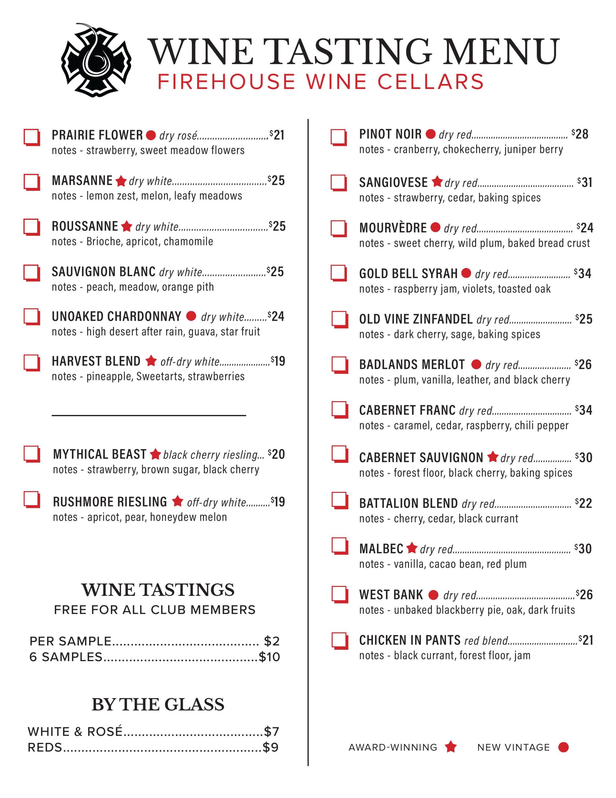 Firehouse Wine Cellars December 2024 Tasting Menu