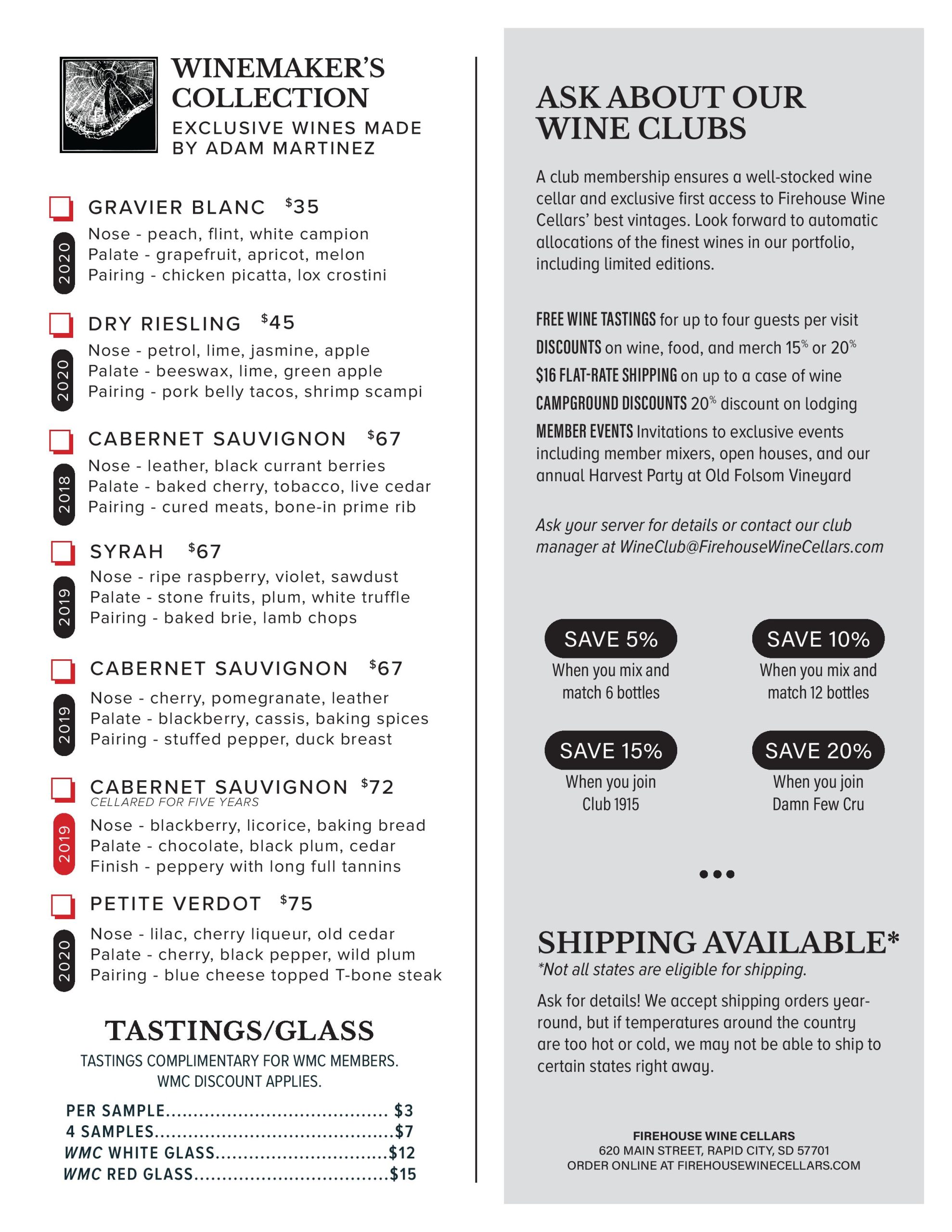 Firehouse Wine Cellars Wine Menu